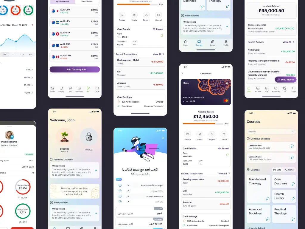 Comprehensive collection of mobile app interfaces built with Baseline UI kit, showcasing fintech, education, and various app categories